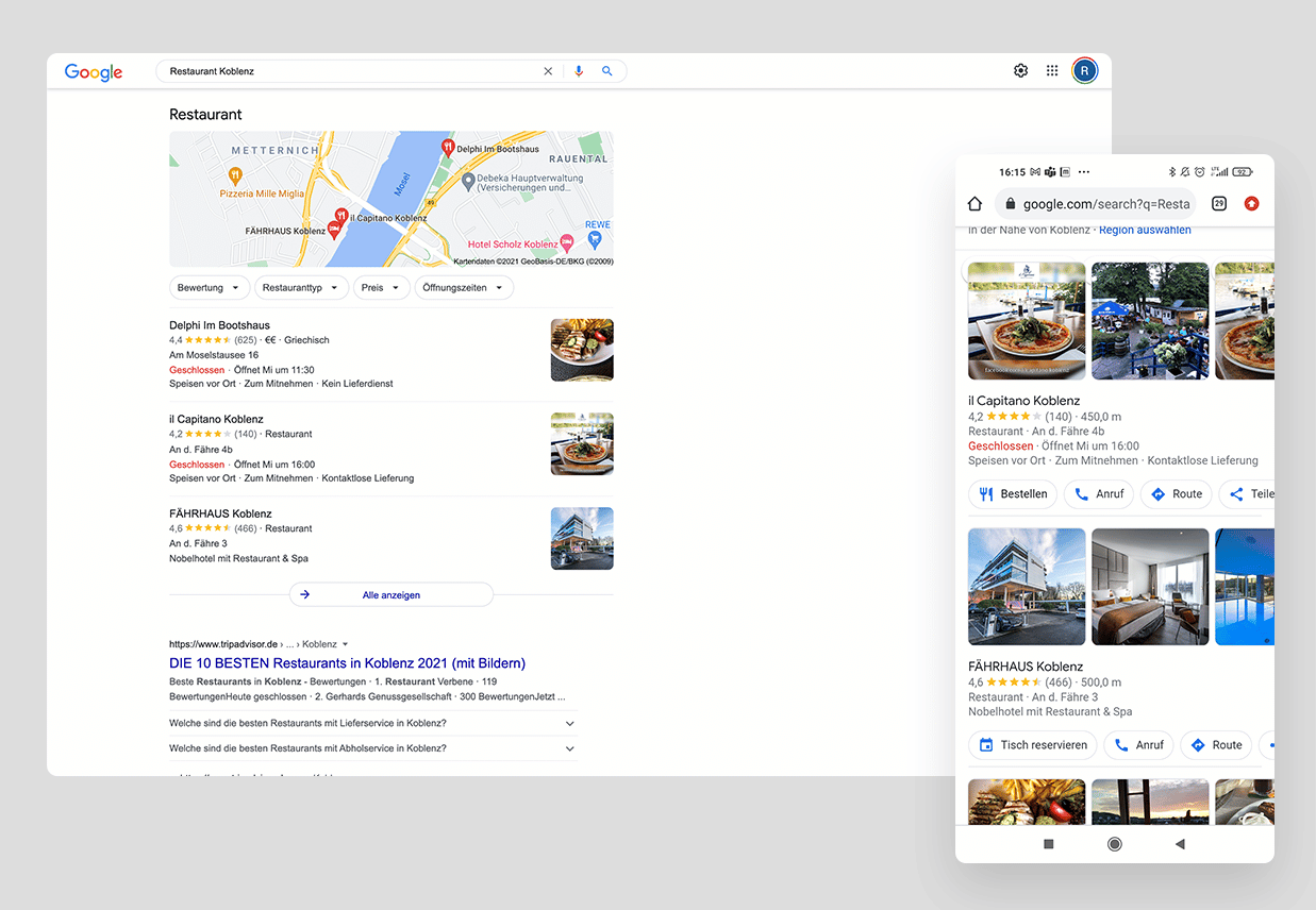 Abbildung: Google-Suche und Ergebnis auf Smartphone