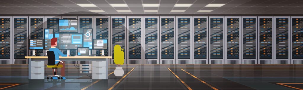 Illustration einer Person die in einem Datencenter an einem Computer arbeitet