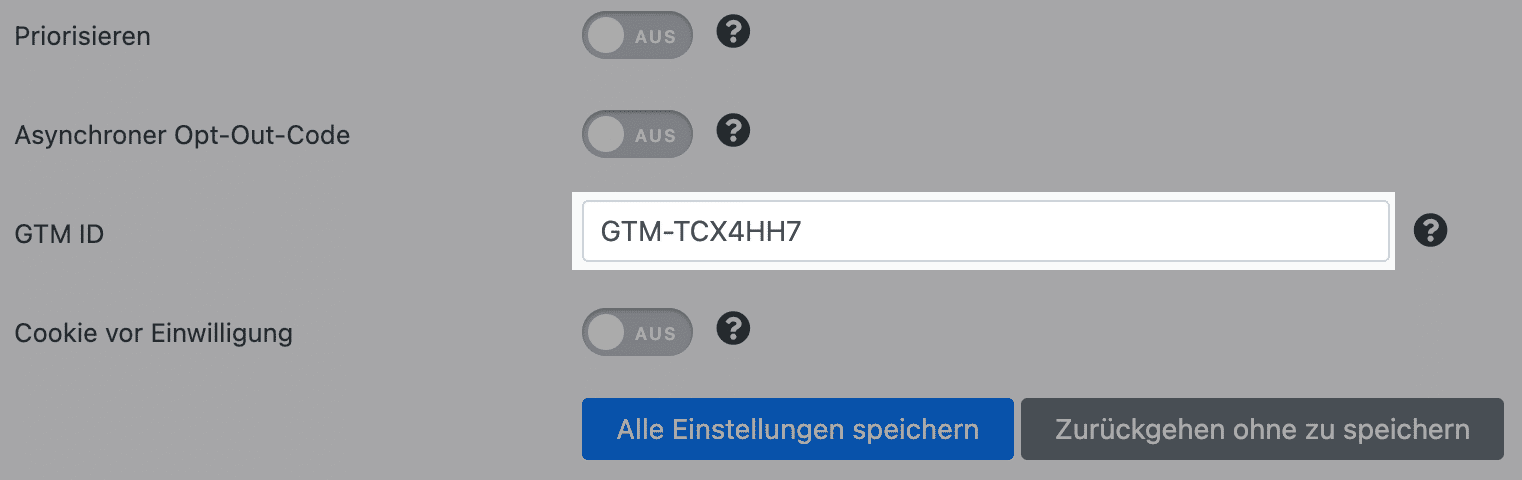 Hier hinterlegt ihr die Container-ID eures Google Tag Managers