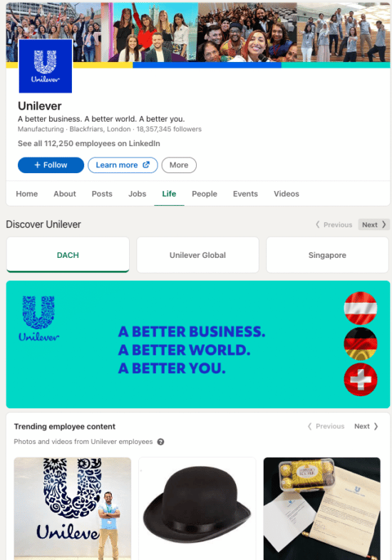 Abbildung zum Thema LinkedIn-Unternehmensseite: Screenshot vom Karriereseitenbereich von Unilever auf LinkedIn.