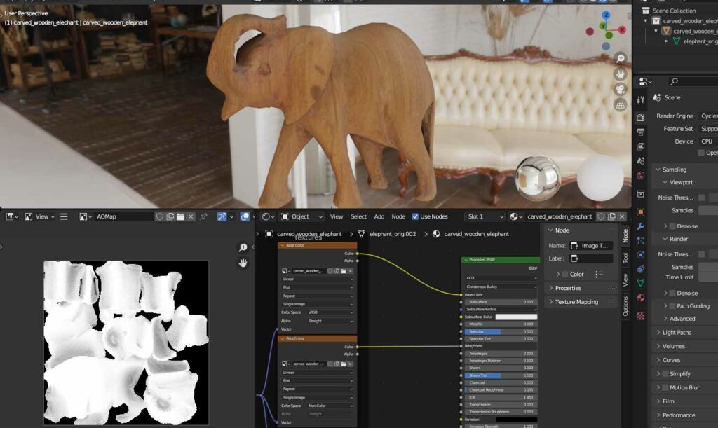 Abbildung zu 3D websites: Bildschirmfoto von der 3D Workbench Blender. Im Programm werden gerade die Materialeigenschaften für ein 3D Modell eingestellt.
