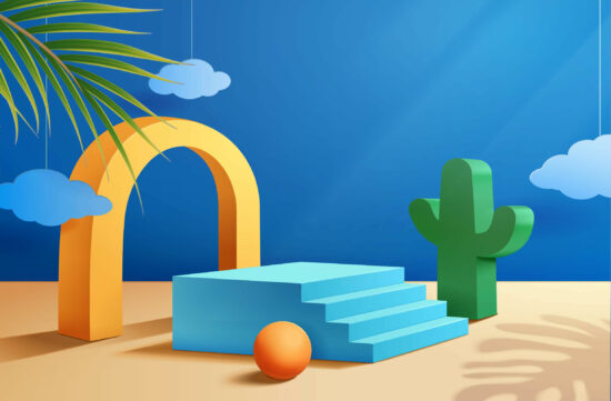 Abbildung zu 3D Websites: Illustration Treppenkopf mit Kaktus, Bogen und Ball