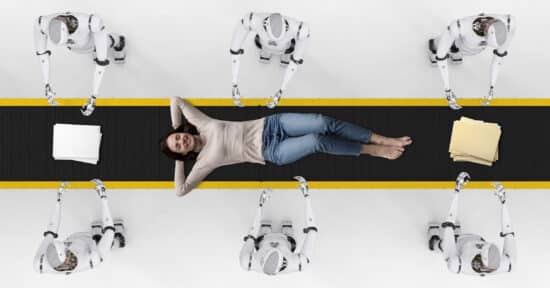 Abbildung: Symbolbild zum Thema Marketing Automation, eine Frau liegt auf einem Fließband, an dem Cobots stehen