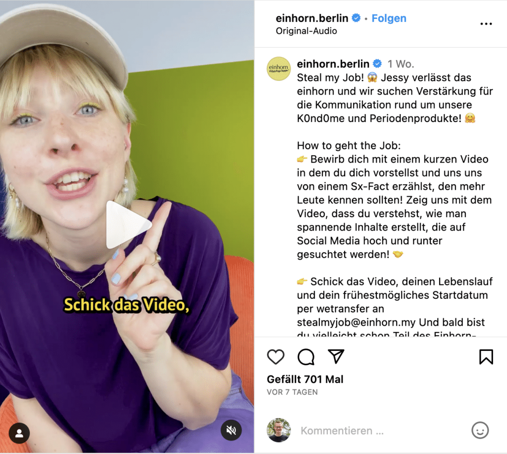 Employer-Branding-Beispiele: Instagram-Post mit frontaler Videoaufnahme einer weiblichen Person