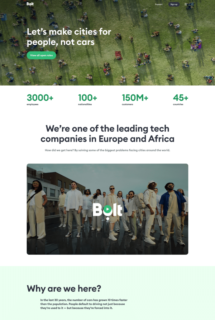 Startseite der Karriere-Website von Bolt mit klar formulierter Mission