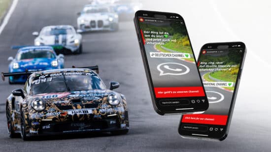 Abbildung zum Thema Nürburgring goes WhatsApp: Zwei Smartphones vor dem Hintergrund des Nürburgrings