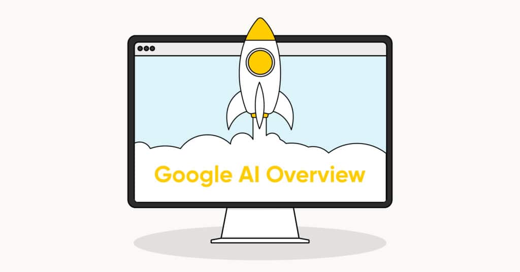 Ein gelb/weißer Hintergrund, darüber eine stilisierte Version eines Bildschirms mit einer Rakete und der Google AI Overview