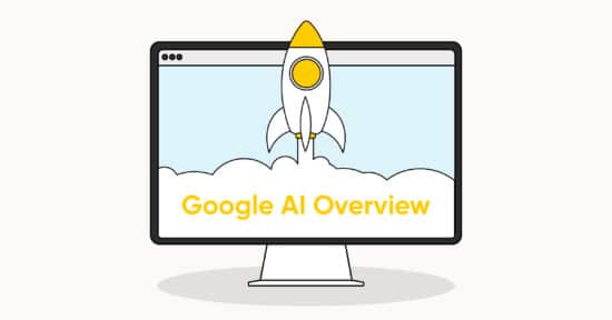 Ein gelb/weißer Hintergrund, darüber eine stilisierte Version eines Bildschirms mit einer Rakete und der Google AI Overview