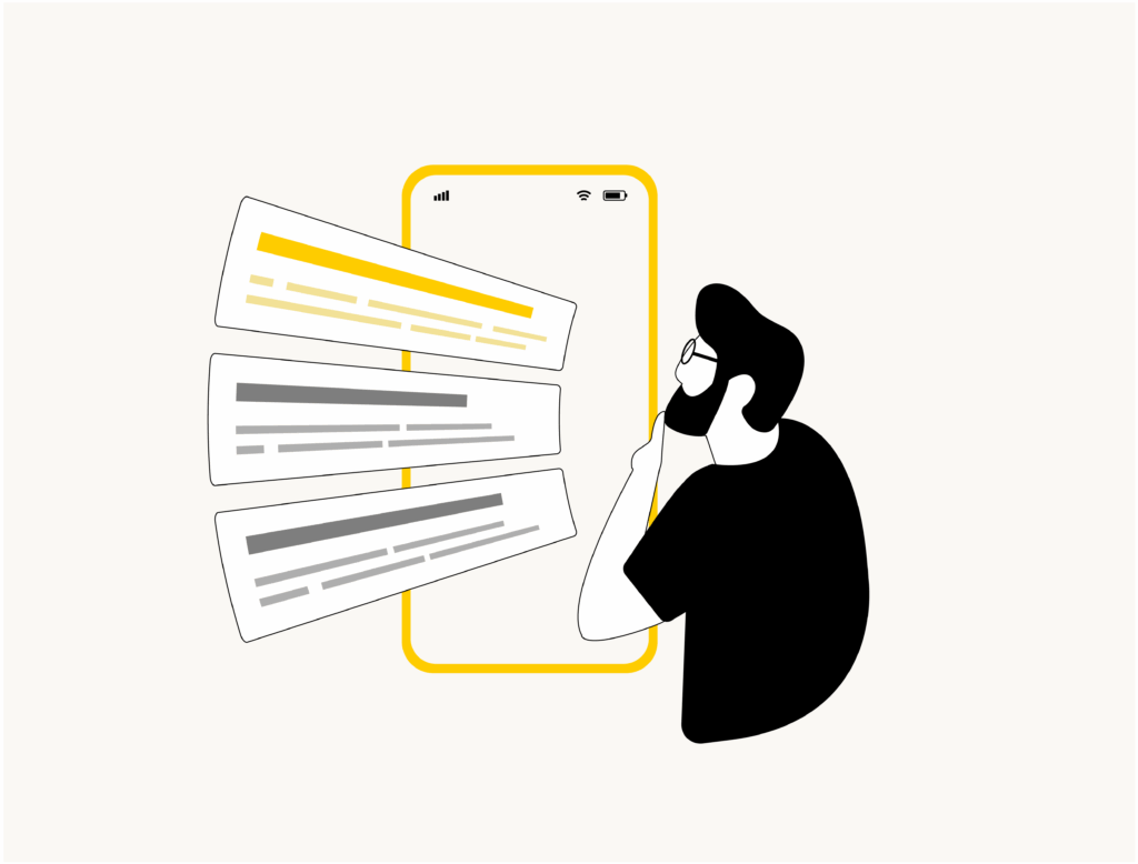 Stilisierte Ansicht einer Person, die etwas am Smartphone sucht und mehrere Ergebnisse erhält. Unter anderem von der Google AI Overview.