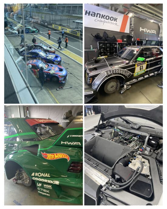 Vier Motorsport-Aufnahmen aus Boxengasse und Garage: Rennwagen beim Boxenstopp, Fahrzeugdetails und geöffneter Motorraum geben authentische Einblicke hinter die Kulissen eines Rennwochenendes.